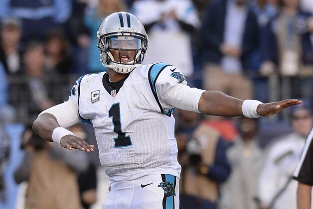 Carolina Panthers quarterback Cam Newton celebrates after scoring a touchdown on a 2-yard run against the Tennessee Titans in the second half of an NFL football game Sunday, Nov. 15, 2015, in Nashville, Tenn. The Panthers won 27-10. (AP Photo/Mark Zaleski)
