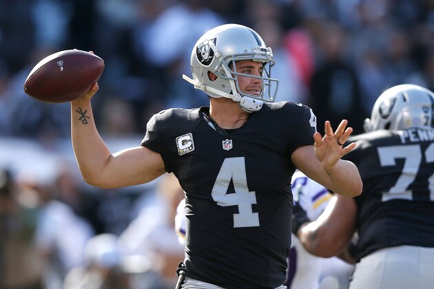 OAKLAND, CA - NOVEMBER 15:  Quarterback Derek Carr #4 of the Oakland Raiders looks downfield  against the Minnesota Vikings in the first quarterat O.co Coliseum on November 15, 2015 in Oakland, California.  (Photo by Ezra Shaw/Getty Images)