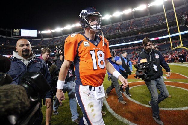 Denver Broncos quarterback Peyton Manning (18) leaves the field after an NFL football game against the Kansas City Chiefs, Sunday, Nov. 15, 2015, in Denver. The Chiefs won 29-13. (AP Photo/Jack Dempsey)