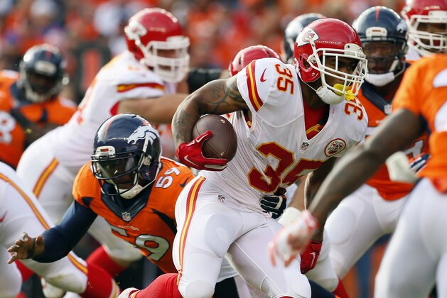 Kansas City Chiefs running back Charcandrick West (35) runs in for a touchdown against the Denver Broncos during the first half of an NFL football game against the, Sunday, Nov. 15, 2015, in Denver. (AP Photo/Joe Mahoney)
