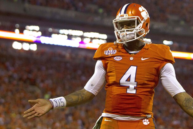 Nov 7, 2015; Clemson, SC, USA; Clemson Tigers quarterback Deshaun Watson (4) celebrates during the second half against the Florida State Seminoles at Clemson Memorial Stadium. Tigers won 23-13. Mandatory Credit: Joshua S. Kelly-USA TODAY Sports