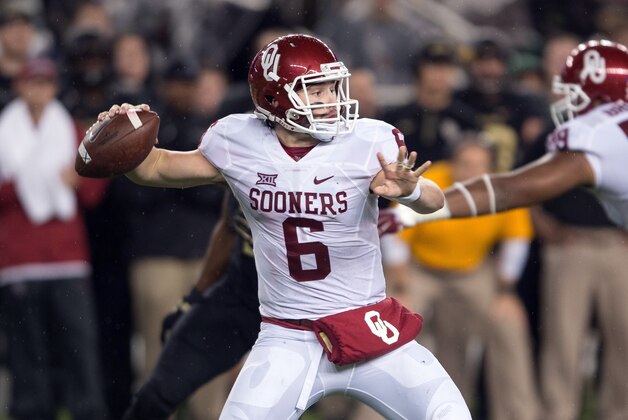 Nov 14, 2015; Waco, TX, USA; Oklahoma Sooners quarterback Baker Mayfield (6) drops back to pass against the Baylor Bears during the first half at McLane Stadium. Mandatory Credit: Jerome Miron-USA TODAY Sports