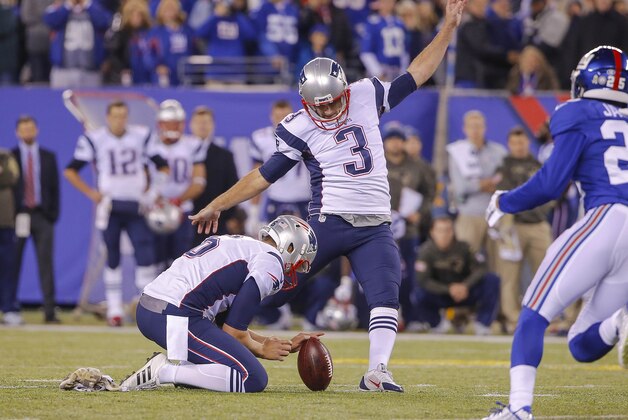 Nov 15, 2015; East Rutherford, NJ, USA;  New England Patriots kicker Stephen Gostkowski (3) kicks the game-winning field goal against the New York Giants with 1 second remaining in the game at MetLife Stadium. Mandatory Credit: Jim O'Connor-USA TODAY Sports