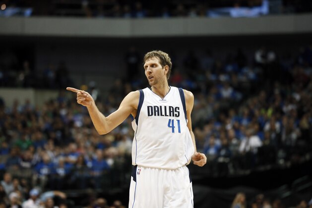Dallas Mavericks' Dirk Nowitzki (41) of Germany celebrates a basket against the Toronto Raptors in an NBA basketball game Tuesday, Nov. 3, 2015, in Dallas. (AP Photo/Tony Gutierrez)