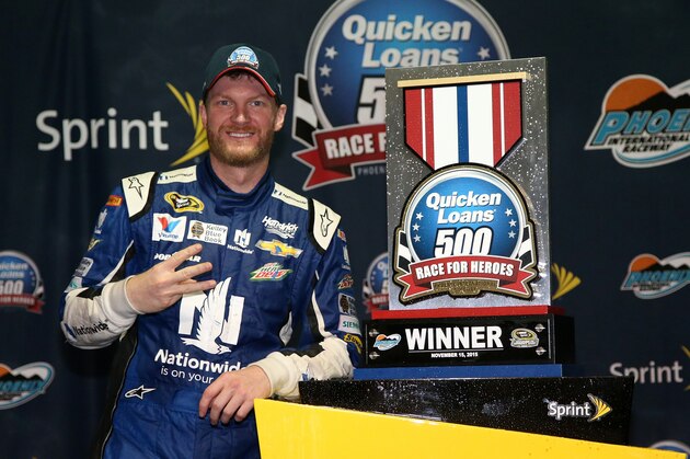 AVONDALE, AZ - NOVEMBER 15: Dale Earnhardt Jr., driver of the #88 Nationwide Chevrolet, celebrates in victory lane after winning the rain-shortened NASCAR Sprint Cup Series Quicken Loans Race for Heroes 500 at Phoenix International Raceway on November 15, 2015 in Avondale, Arizona. (Photo by Sean Gardner/Getty Images) AVONDALE, AZ - NOVEMBER 15: Dale Earnhardt Jr., driver of the #88 Nationwide Chevrolet, celebrates in victory lane after winning the rain-shortened NASCAR Sprint Cup Series Quicken Loans Race for Heroes 500 at Phoenix International Raceway on November 15, 2015 in Avondale, Arizona. (Photo by Sean Gardner/Getty Images)