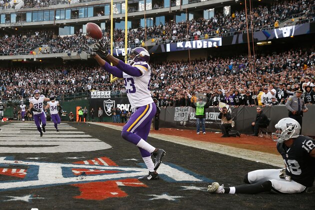 OAKLAND, CA - NOVEMBER 15:  Cornerback Terence Newman #23 of the Minnesota Vikings intercepts the pass intended for wide receiver Andre Holmes #18 of the Oakland Raiders in the fourth quarter at O.co Coliseum on November 15, 2015 in Oakland, California.  (Photo by Ezra Shaw/Getty Images)