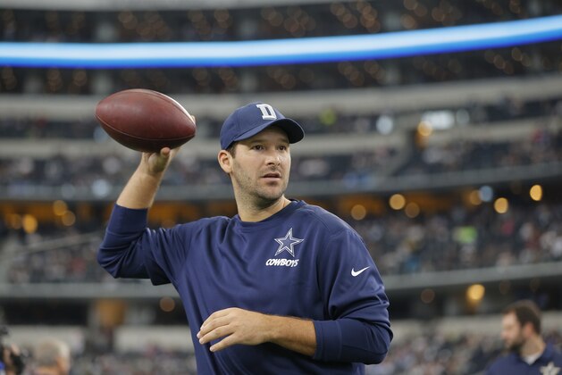 Injured Dallas Cowboys quarterback Tony Romo prior to an NFL football game Sunday, Nov. 1, 2015, in Arlington, Texas. (AP Photo/Brandon Wade)