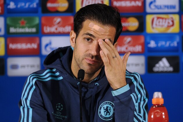 Chelsea's midfielder Cesc Fabregas smiles as he attends a press conference at FC Porto’s Dragao stadium in Porto, Portugal, Monday, Sept. 28, 2015. Chelsea will play Porto on Tuesday in a Champions League Group G soccer match. (AP Photo/Paulo Duarte)