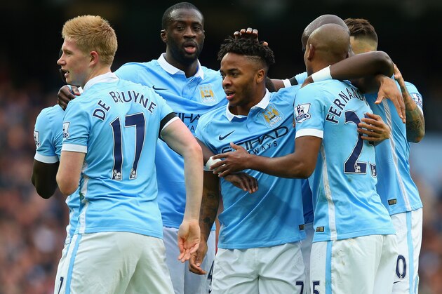 MANCHESTER, ENGLAND - OCTOBER 17: Raheem Sterling of Manchester City celebrates scoring his team's first goal with his team mates during the Barclays Premier League match between Manchester City and A.F.C. Bournemouth at Etihad Stadium on October 17, 2015 in Manchester, England.  (Photo by Alex Livesey/Getty Images)