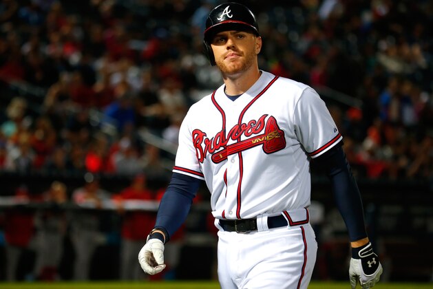 ATLANTA, GA - OCTOBER 01:  Freddie Freeman #5 of the Atlanta Braves reacts after flying out in the seventh inning against the Washington Nationals at Turner Field on October 1, 2015 in Atlanta, Georgia.  (Photo by Kevin C. Cox/Getty Images)