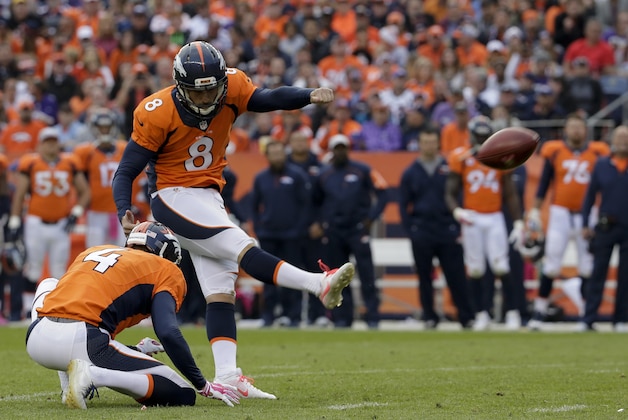 Denver Broncos kicker Brandon McManus watches his field goal during the second half of an NFL football game against the Minnesota Vikings  Sunday, Oct. 4, 2015, in Denver. (AP Photo/Joe Mahoney)