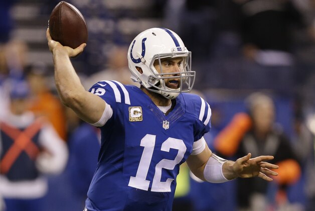 Indianapolis Colts' Andrew Luck (12) throws during the second half of an NFL football game against the Denver Broncos, Sunday, Nov. 8, 2015, Indianapolis. (AP Photo/Michael Conroy)
