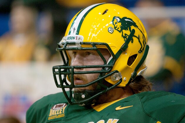 North Dakota State offensive lineman Joel Haeg watches before an NCAA college football game against South Dakota Saturday, Oct. 17, 2015, in Fargo, N.D. (AP Photo/Bruce Crummy)