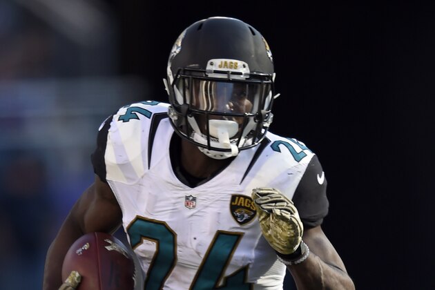 Jacksonville Jaguars running back T.J. Yeldon rushes the ball in the first half an NFL football game against the Baltimore Ravens, Sunday, Nov. 15, 2015, in Baltimore. (AP Photo/Gail Burton)