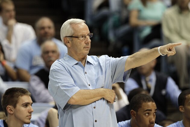 North Carolina Tar Heels head coach Roy Williams directs his team against Florida Atlantic during the second half of an NCAA college basketball game in Chapel Hill, N.C., Sunday, Nov. 11, 2012. North Carolina won 80-56. (AP Photo/Gerry Broome)