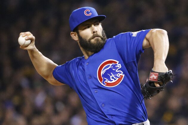 Chicago Cubs starting pitcher Jake Arrieta throws against the Pittsburgh Pirates in the first inning of the National League wild card baseball game, Wednesday, Oct. 7, 2015, in Pittsburgh. (AP Photo/Gene J. Puskar)