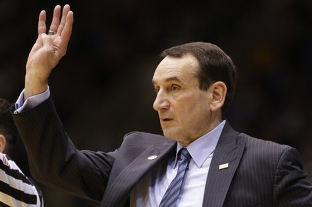 Duke Blue Devils head coach Mike Krzyzewski directs his team during the second half of an NCAA college basketball game against Siena in Durham, N.C., Friday, Nov. 13, 2015. Duke won 92-74. (AP Photo/Gerry Broome)