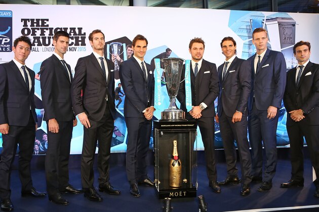 LONDON, ENGLAND - NOVEMBER 12:  (L-R) Kei Nishikori, Novak Djokovic, Andy Murray, Roger Federer, Stan Wawrinka, Rafael Nadal, Tomas Berdych and David Ferrer celebrate with Moet & Chandon and raise a toast to the official launch of the 2015 Barclays ATP World Tour Finals at City Hall on November 12, 2015 in London, England.  (Photo by David M. Benett/Dave Benett / Getty Images for Moet & Chandon)