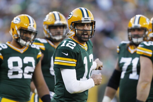 Green Bay Packers' Aaron Rodgers yells to his teammates during the second half of an NFL football game against the Detroit Lions Sunday, Nov. 15, 2015, in Green Bay, Wis. (AP Photo/Matt Ludtke)