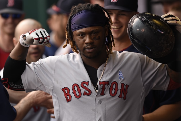 KANSAS CITY, MO - JUNE 21:  Hanley Ramirez #13 of the Boston Red Sox celebrates hitting a home run in the game against the Kansas City Royals on June 21, 2015 at Kauffman Stadium in Kansas City, Missouri.  The Boston Red Sox defeated the Kansas City Royals 13-2.  (Photo by John Williamson/MLB Photos via Getty Images)