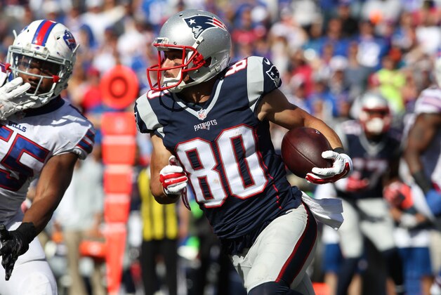 Sep 20, 2015; Orchard Park, NY, USA; New England Patriots wide receiver Danny Amendola (80) runs the ball during the second half against the Buffalo Bills at Ralph Wilson Stadium. Patriots defeat the Bills 40 to 32.  Mandatory Credit: Timothy T. Ludwig-USA TODAY Sports