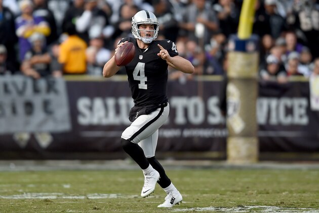 OAKLAND, CA - NOVEMBER 15:  Derek Carr #4 of the Oakland Raiders looks to pass the ball agains the Minnesota Vikings during the third quarter of their NFL football game at O.co Coliseum on November 15, 2015 in Oakland, California.  (Photo by Thearon W. Henderson/Getty Images)