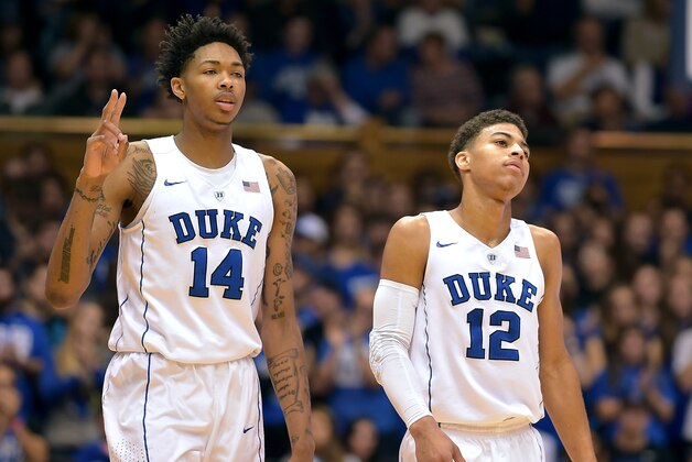 DURHAM, NC - NOVEMBER 14: Brandon Ingram #14 and Derryck Thornton #12 of the Duke Blue Devils in action against the Bryant Bulldogs at Cameron Indoor Stadium on November 14, 2015 in Durham, North Carolina. Duke defeated Bryant 113-75. (Photo by Lance King/Getty Images)
