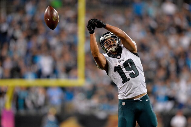 CHARLOTTE, NC - OCTOBER 25: Miles Austin #19 of the Philadelphia Eagles can't come up with a ball overthrown by Sam Bradford #7 on fourth down during the final minutes of their loss to the Carolina Panthers at Bank of America Stadium on October 25, 2015 in Charlotte, North Carolina. The Panthers won 27-16. (Photo by Grant Halverson/Getty Images) CHARLOTTE, NC - OCTOBER 25: Miles Austin #19 of the Philadelphia Eagles can't come up with a ball overthrown by Sam Bradford #7 on fourth down during the final minutes of their loss to the Carolina Panthers at Bank of America Stadium on October 25, 2015 in Charlotte, North Carolina. The Panthers won 27-16. (Photo by Grant Halverson/Getty Images)