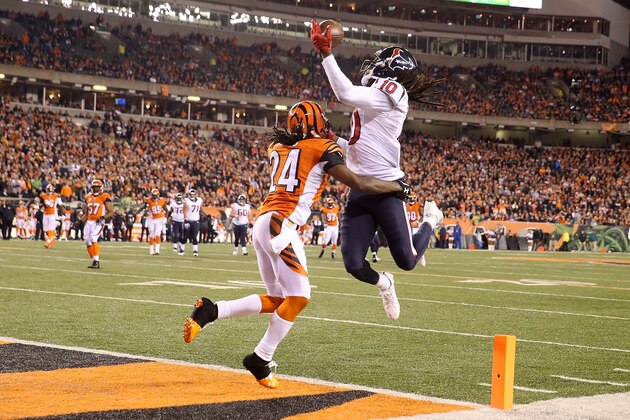 CINCINNATI, OH - NOVEMBER 16:  DeAndre Hopkins #10 of the Houston Texans catches a pass for a touchdown while being defended by Adam Jones #24 of the Cincinnati Bengals during the fourth quarter at Paul Brown Stadium on November 16, 2015 in Cincinnati, Ohio. (Photo by Andy Lyons/Getty Images)