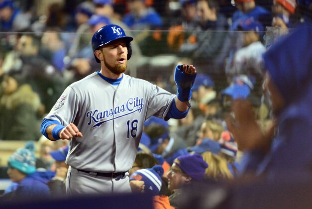 Oct 31, 2015; New York City, NY, USA; Kansas City Royals second baseman Ben Zobrist (18) celebrates with teammates after scoring a run against the New York Mets in the sixth inning in game four of the World Series at Citi Field. Mandatory Credit: Jeff Curry-USA TODAY Sports
