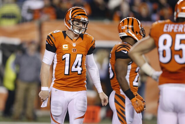 Cincinnati Bengals quarterback Andy Dalton (14) in the second half of an NFL football game against the Houston Texans  in Cincinnati, Monday, Nov. 16, 2015.  (AP Photo/Gary Landers)