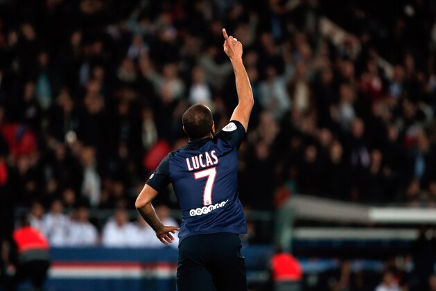 PSG's Lucas, celebrates after scoring during his French League One soccer match against Toulouse, at the Parc des Princes stadium in Paris, France, Saturday, Nov. 7, 2015. (AP Photo/Thibault Camus)