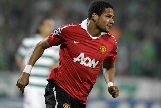 Manchester United's Bebe celebrates after he scored a goal against Bursaspor during their Group C Champions League soccer match at Ataturk Stadium in Bursa, Turkey, Tuesday, Nov. 2, 2010. (AP Photo/Ibrahim Usta)