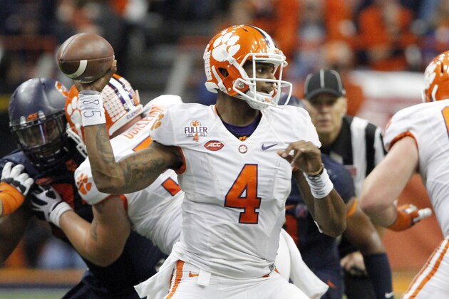 Clemson’s Deshaun Watson throws a pass in the fourth quarter of an NCAA college football game against Syracuse in Syracuse, N.Y., Saturday, Nov. 14, 2015. Clemson won 37-27. (AP Photo/Nick Lisi) Clemson’s Deshaun Watson throws a pass in the fourth quarter of an NCAA college football game against Syracuse in Syracuse, N.Y., Saturday, Nov. 14, 2015. Clemson won 37-27. (AP Photo/Nick Lisi)
