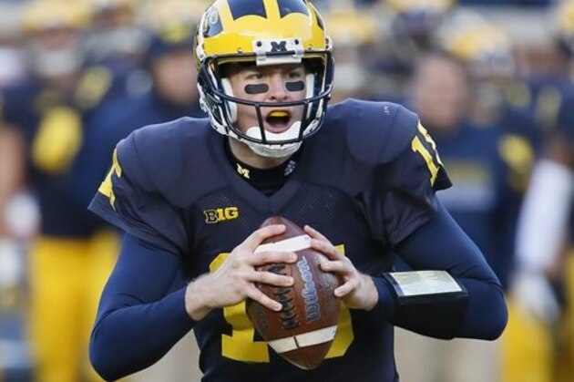Michigan quarterback Jake Rudock looks to pass against Rutgers during the first half of an NCAA college football game Saturday, Nov. 7, 2015, in Ann Arbor, Mich. Rudock threw for two touchdowns and a career-high 337 yards in a 49-16 win over Rutgers. (AP Photo/Duane Burleson)
