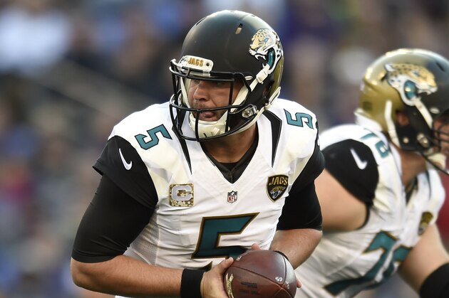 Jacksonville Jaguars quarterback Blake Bortles (5) prepares to hand off the ball in the second half an NFL football game against the Baltimore Ravens, Sunday, Nov. 15, 2015, in Baltimore. (AP Photo/Gail Burton)