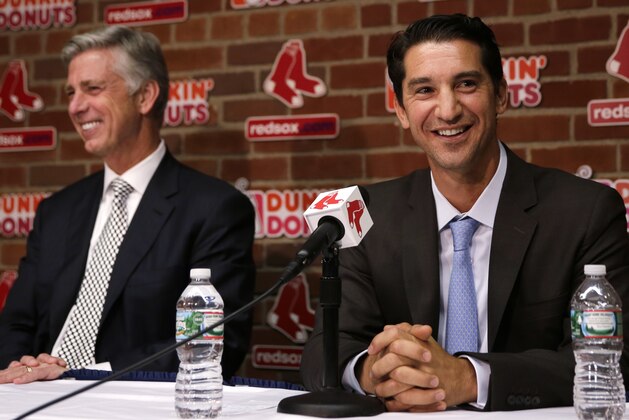 Boston Red Sox newly appointed General Manager Mike Hazen, right, with President of Baseball Operations Dave Dombrowski at Fenway Park in Boston, Thursday, Sept. 24, 2015. Hazen's promotion from assistant GM is the first big move by Dave Dombrowski since he took over as president of baseball operations in August. (AP Photo/Charles Krupa)