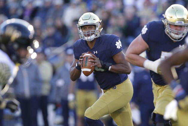 Notre Dame quarterback DeShone Kizer (14) during the first half of an NCAA college football game against Wake Forest in South Bend, Ind., Saturday, Nov. 14, 2015. (AP Photo/Michael Conroy)