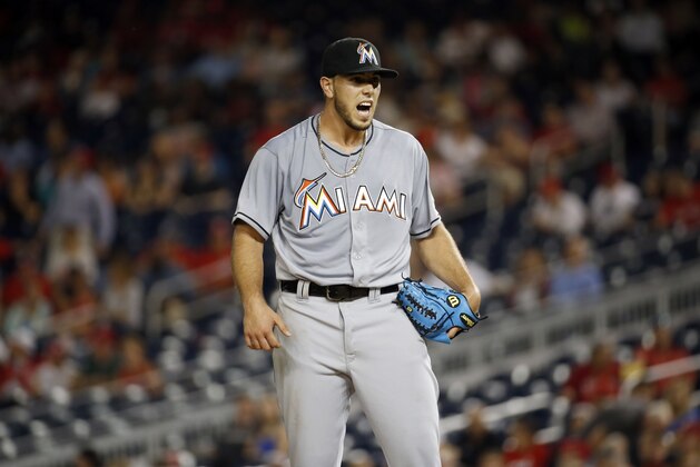 Miami Marlins starting pitcher Jose Fernandez reacts on the mound during a baseball game against the Washington Nationals at Nationals Park, Friday, Sept. 18, 2015, in Washington. (AP Photo/Alex Brandon)