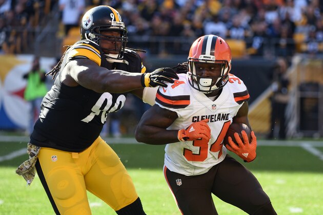 PITTSBURGH, PA - NOVEMBER 15:  Defensive lineman Steve McLendon #90 of the Pittsburgh Steelers tackles running back Isaiah Crowell #34 of the Cleveland Browns during a game at Heinz Field on November 15, 2015 in Pittsburgh, Pennsylvania.  The Steelers defeated the Browns 30-9. (Photo by George Gojkovich/Getty Images)