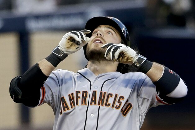 San Francisco Giants' Brandon Crawford looks skyward after hitting a home run against the San Diego Padres during the second inning of a baseball game Thursday, Sept. 24, 2015, in San Diego. (AP Photo/Gregory Bull)