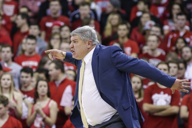 Seina coach Jimmy Patsos yells to his team during the first half of an NCAA college basketball game against Wisconsin on Sunday, Nov. 15, 2015, in Madison, Wis. (AP Photo/Andy Manis)
