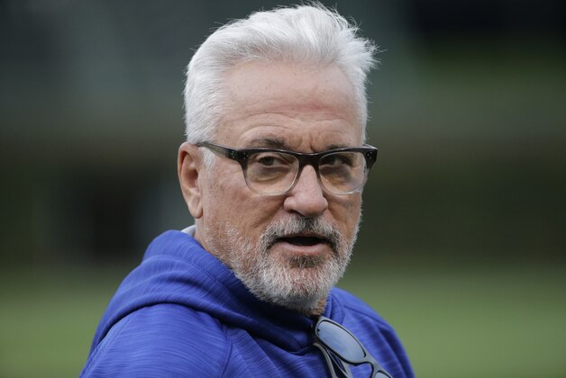 Chicago Cubs manager Joe Maddon watches warm ups beforeGame 4 of the National League baseball championship series against the New York Mets Wednesday, Oct. 21, 2015, in Chicago. (AP Photo/David Goldman)