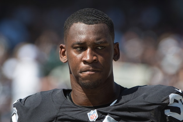 September 20, 2015; Oakland, CA, USA; Oakland Raiders defensive end Aldon Smith (99) during the first quarter against the Baltimore Ravens at O.co Coliseum. The Raiders defeated the Ravens 37-33. Mandatory Credit: Kyle Terada-USA TODAY Sports
