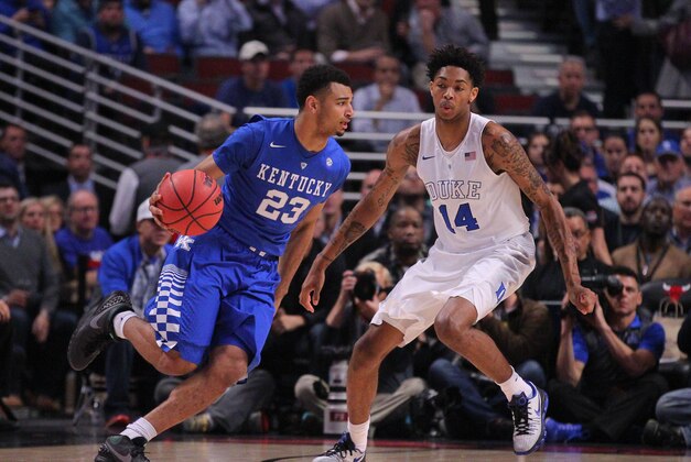 Nov 17, 2015; Chicago, IL, USA; Kentucky Wildcats guard Jamal Murray (23) is defended by Duke Blue Devils guard Brandon Ingram (14) during the first half at the United Center. Mandatory Credit: Dennis Wierzbicki-USA TODAY Sports Nov 17, 2015; Chicago, IL, USA; Kentucky Wildcats guard Jamal Murray (23) is defended by Duke Blue Devils guard Brandon Ingram (14) during the first half at the United Center. Mandatory Credit: Dennis Wierzbicki-USA TODAY Sports
