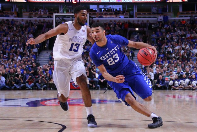 Nov 17, 2015; Chicago, IL, USA; Kentucky Wildcats guard Jamal Murray (23) moves past Duke Blue Devils guard Matt Jones (13) during the second half at the United Center. Kentucky won 74-63. Mandatory Credit: Dennis Wierzbicki-USA TODAY Sports