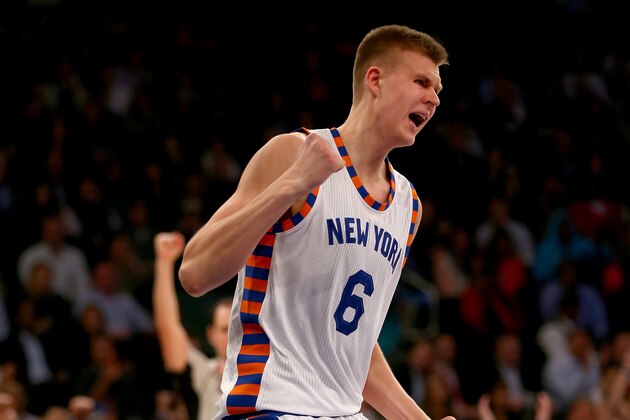 NEW YORK, NY - NOVEMBER 17:  Kristaps Porzingis #6 of the New York Knicks celebrates after drawing the foul in the fourth quarter against the Charlotte Hornets at Madison Square Garden on November 17, 2015 in New York City.NOTE TO USER: User expressly acknowledges and agrees that, by downloading and/or using this photograph, user is consenting to the terms and conditions of the Getty Images License Agreement.  (Photo by Elsa/Getty Images)