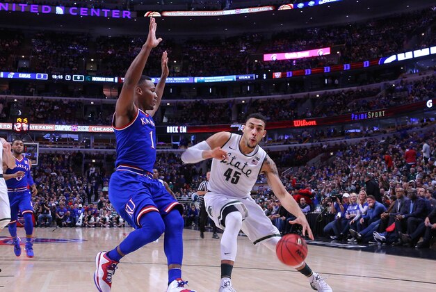 Nov 17, 2015; Chicago, IL, USA; Michigan State Spartans guard Denzel Valentine (45) is defended by Kansas Jayhawks guard Wayne Selden Jr. (1) during the first half at the United Center. Mandatory Credit: Dennis Wierzbicki-USA TODAY Sports