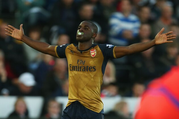 SWANSEA, WALES - OCTOBER 31: Joel Campbell of Arsenal celebrates scoring his team's third goal during the Barclays Premier League match between Swansea City and Arsenal at Liberty Stadium on October 31, 2015 in Swansea, Wales.  (Photo by Ben Hoskins/Getty Images)
