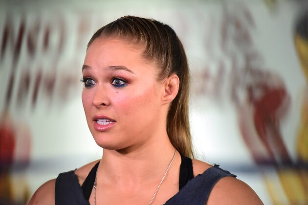 GLENDALE, CA - OCTOBER 27:  Ronda Rousey speaks to media at a press conference leading up to her fight against Holly Holm in UFC 183 at the Glendale Fighting  Club on October 27, 2015 in Glendale, California.  (Photo by Harry How/Getty Images)
